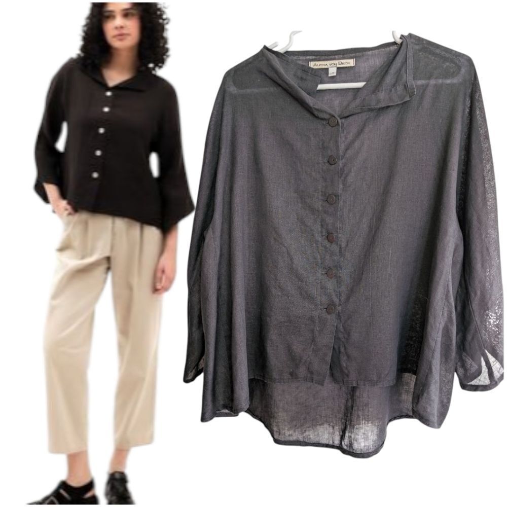 Alexa Von Beck Black 💯 Line Button-Down Flowy Shirt L